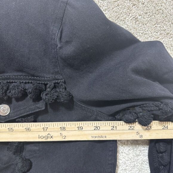 Free The Roses Denim Jean Jacket Black Pom Pom Women's Large Button Up - Picture 8 of 12